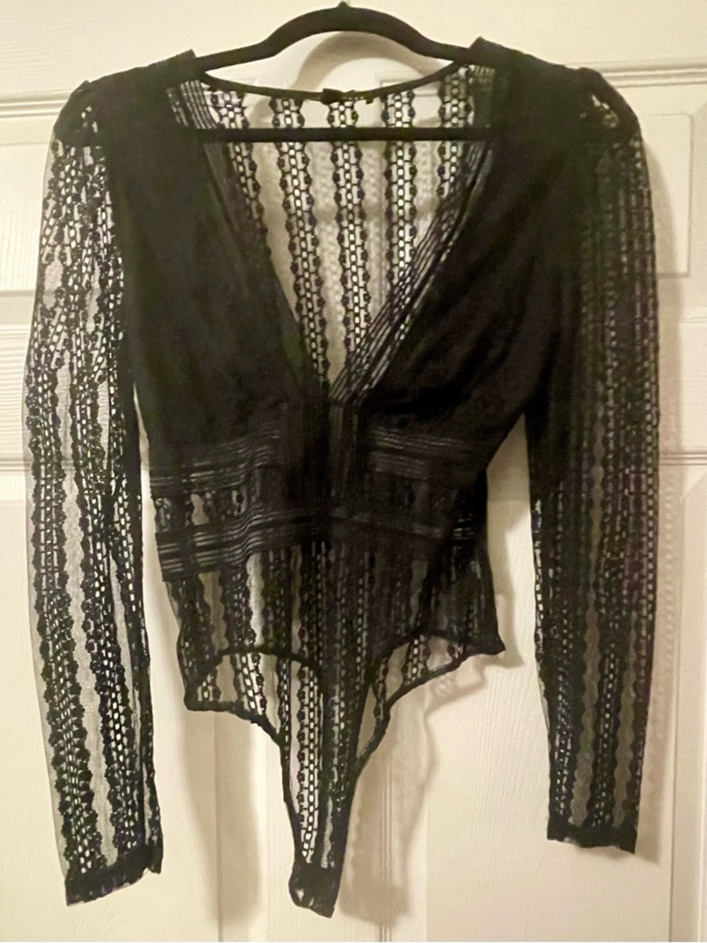 Haute Monde Black Lace V-Neck Long Sleeve Bodysuit